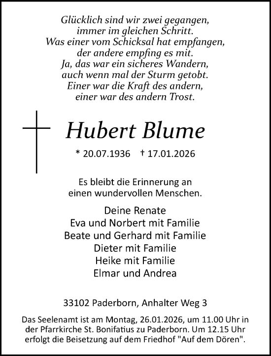 Traueranzeige von Hubert Blume von Neue Westfälische und Westfalen-Blatt