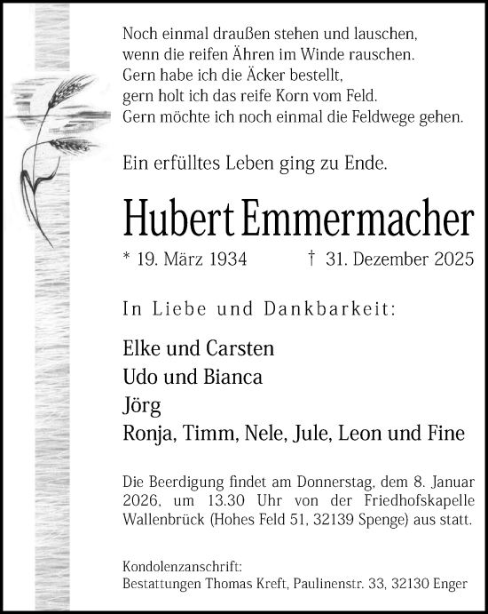 Traueranzeige von Hubert Emmermacher von Neue Westfälische und Westfalen-Blatt