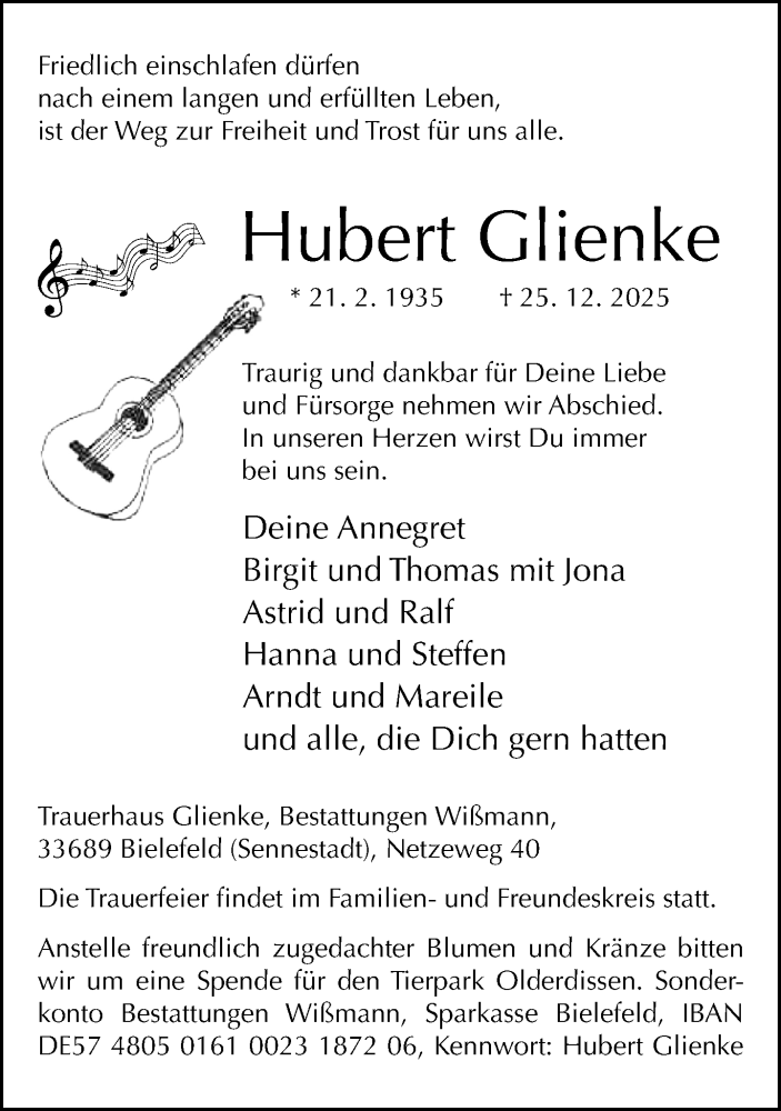  Traueranzeige für Hubert Glienke vom 10.01.2026 aus Neue Westfälische und Westfalen-Blatt