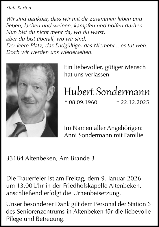 Traueranzeige von Hubert Sondermann von Neue Westfälische und Westfalen-Blatt