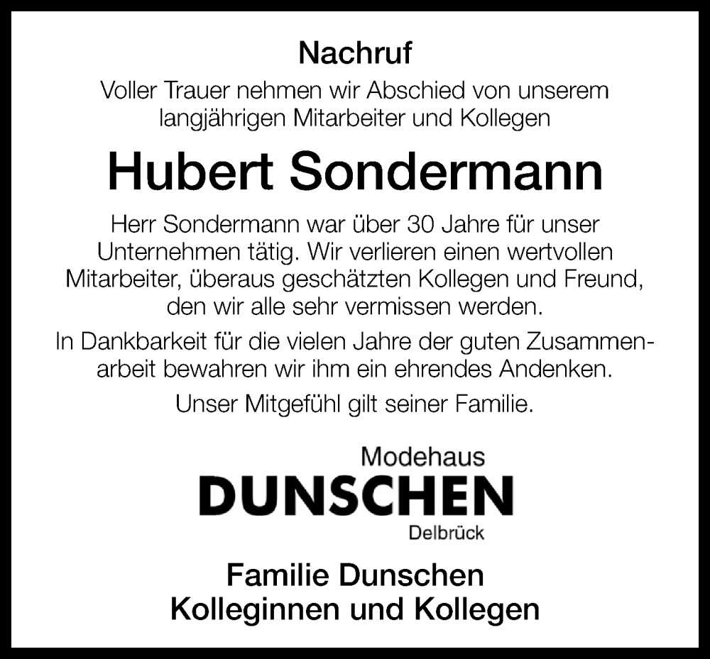  Traueranzeige für Hubert Sondermann vom 10.01.2026 aus Neue Westfälische und Westfalen-Blatt