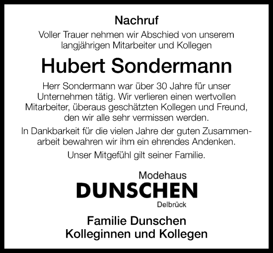 Traueranzeige von Hubert Sondermann von Neue Westfälische und Westfalen-Blatt