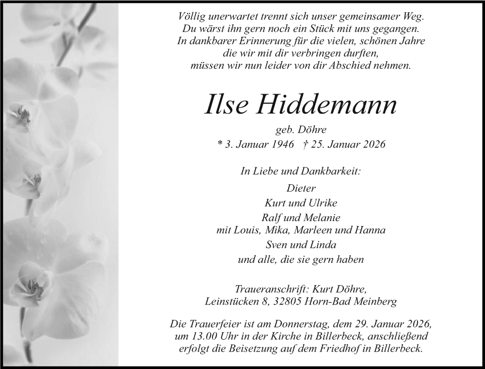  Traueranzeige für Ilse Hiddemann vom 28.01.2026 aus Neue Westfälische und Westfalen-Blatt