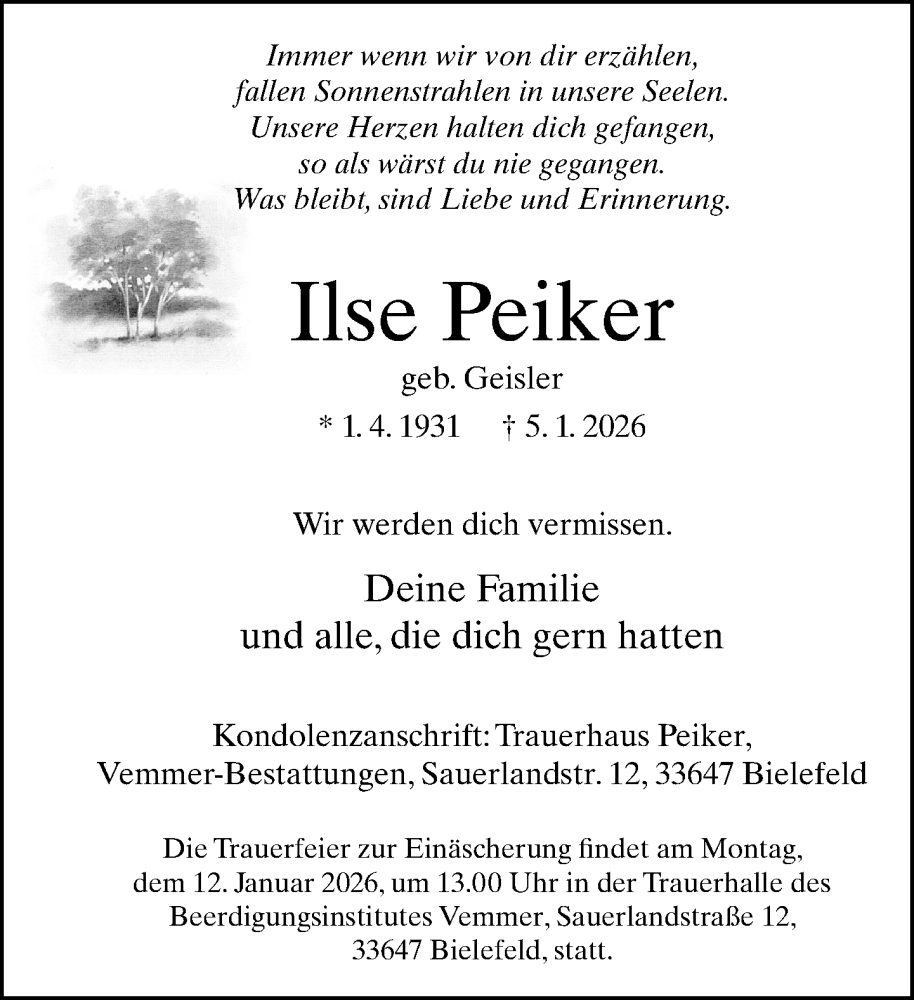  Traueranzeige für Ilse Peiker vom 10.01.2026 aus Neue Westfälische und Westfalen-Blatt