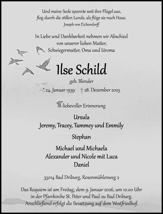 Traueranzeige von Ilse Schild von Neue Westfälische und Westfalen-Blatt
