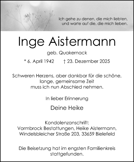 Traueranzeige von Inge Aistermann von Neue Westfälische und Westfalen-Blatt