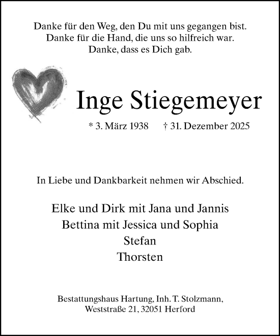 Traueranzeige von Inge Stiegemeyer von Neue Westfälische und Westfalen-Blatt