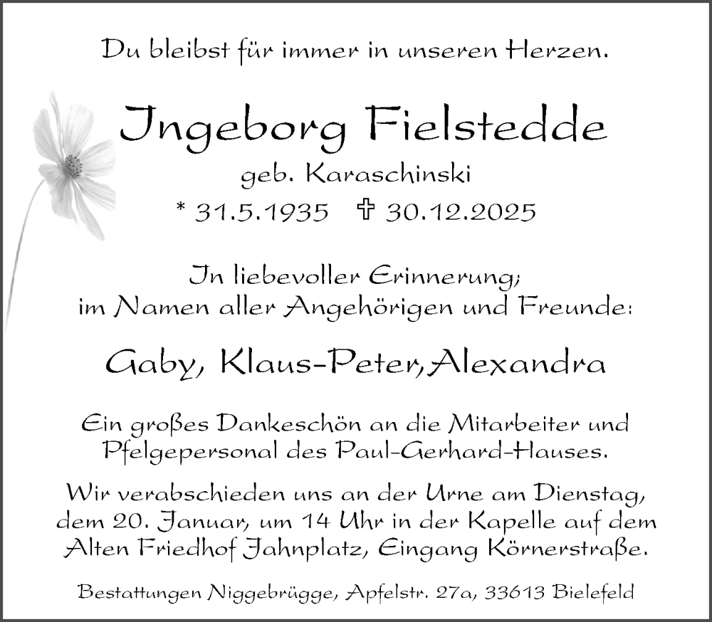  Traueranzeige für Ingeborg Fielstedde vom 10.01.2026 aus Neue Westfälische und Westfalen-Blatt
