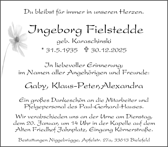 Traueranzeige von Ingeborg Fielstedde von Neue Westfälische und Westfalen-Blatt