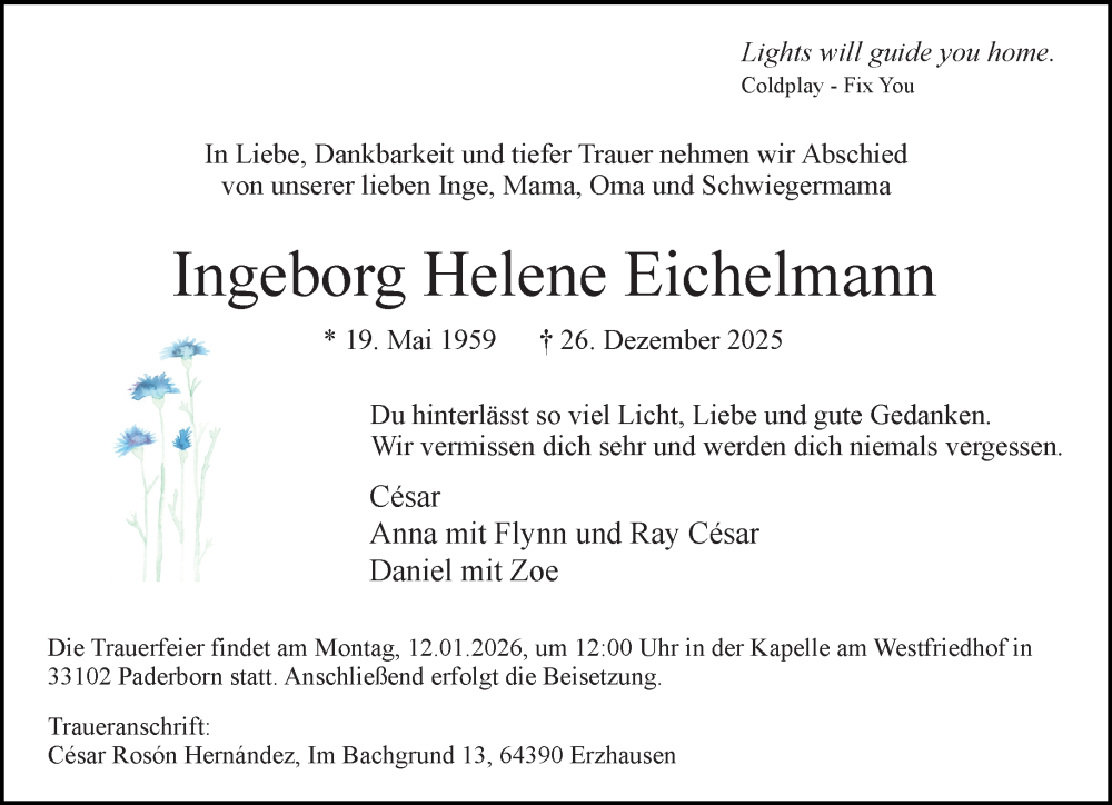  Traueranzeige für Ingeborg Helene Eichelmann vom 07.01.2026 aus Neue Westfälische und Westfalen-Blatt