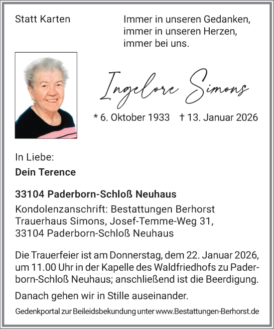 Traueranzeige von Ingelore Simons von Neue Westfälische und Westfalen-Blatt