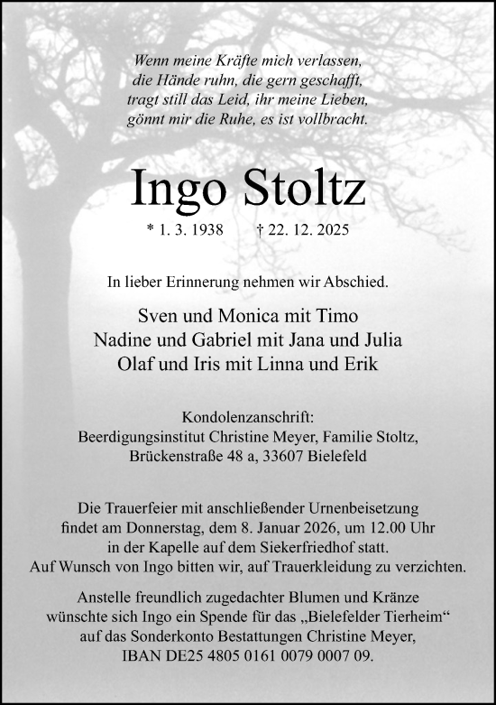 Traueranzeige von Ingo Stoltz von Neue Westfälische und Westfalen-Blatt