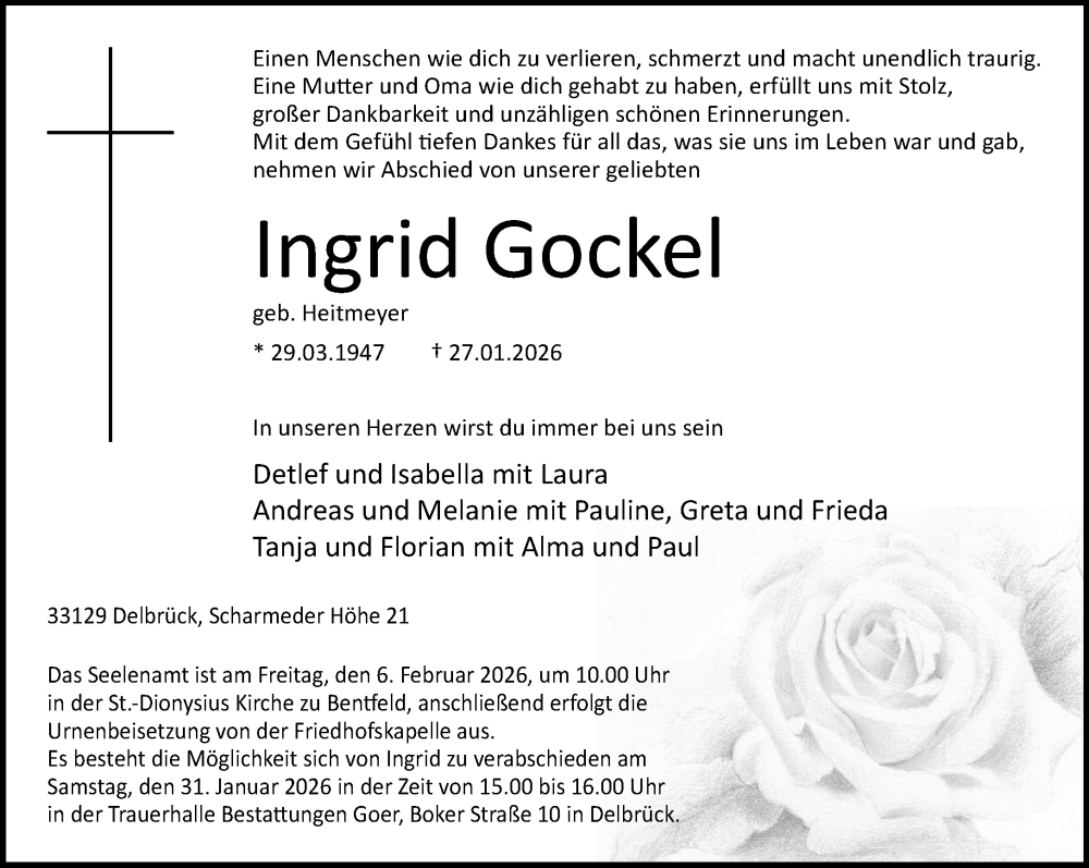  Traueranzeige für Ingrid Gockel vom 31.01.2026 aus Neue Westfälische und Westfalen-Blatt