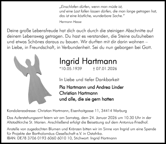 Traueranzeige von Ingrid Hartmann von Neue Westfälische und Westfalen-Blatt