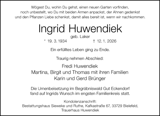 Traueranzeige von Ingrid Huwendiek von Neue Westfälische und Westfalen-Blatt