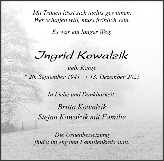 Traueranzeige von Ingrid Kowalzik von Neue Westfälische und Westfalen-Blatt