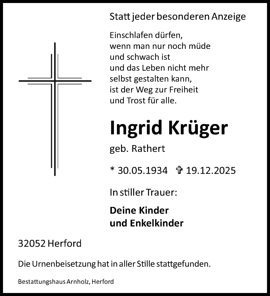  Traueranzeige für Ingrid Krüger vom 10.01.2026 aus Neue Westfälische und Westfalen-Blatt