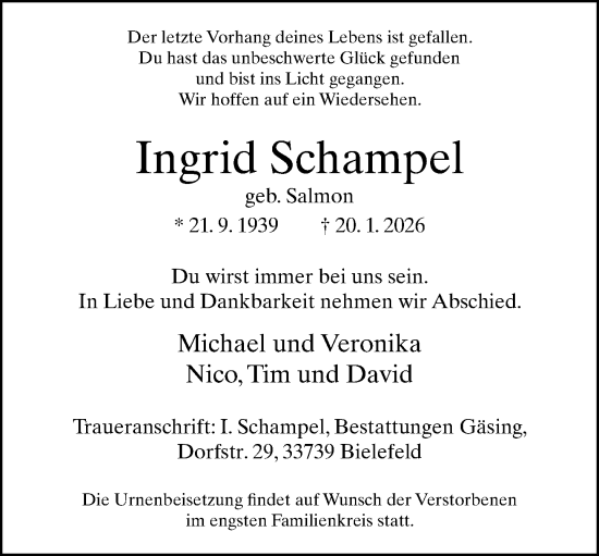 Traueranzeige von Ingrid Schampel von Neue Westfälische und Westfalen-Blatt