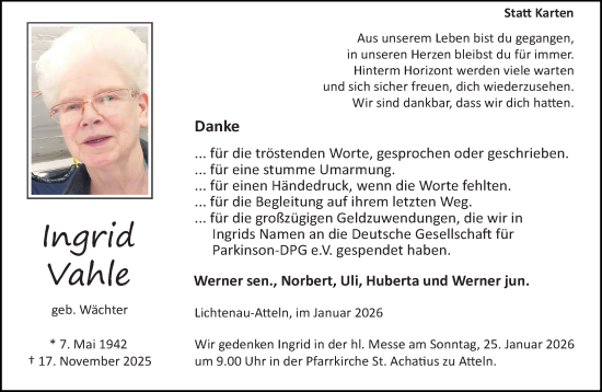 Traueranzeige von Ingrid Vahle von Neue Westfälische und Westfalen-Blatt