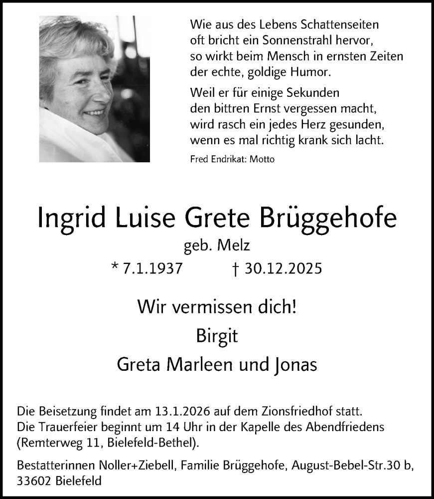  Traueranzeige für Ingrid Luise Grete Brüggehofe vom 07.01.2026 aus Neue Westfälische und Westfalen-Blatt