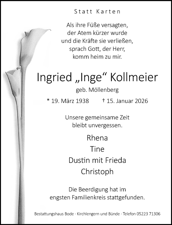 Traueranzeige von Ingried Kollmeier von Neue Westfälische und Westfalen-Blatt
