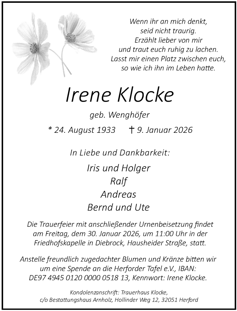  Traueranzeige für Irene Klocke vom 17.01.2026 aus Neue Westfälische und Westfalen-Blatt