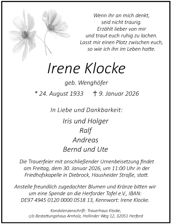 Traueranzeige von Irene Klocke von Neue Westfälische und Westfalen-Blatt