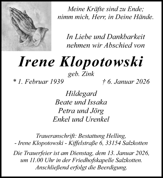 Traueranzeige von Irene Klopotowski von Neue Westfälische und Westfalen-Blatt