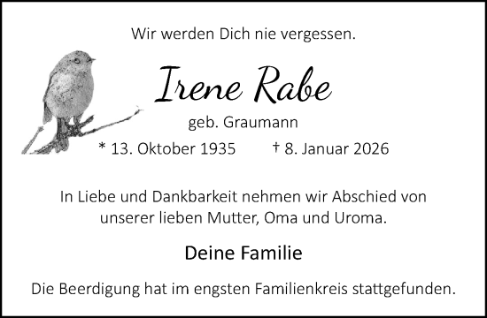 Traueranzeige von Irene Rabe von Neue Westfälische und Westfalen-Blatt