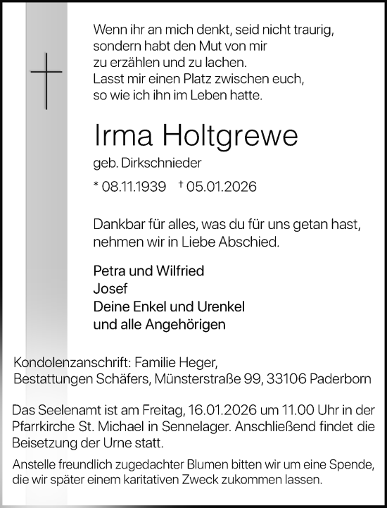 Traueranzeige von Irma Holtgrewe von Neue Westfälische und Westfalen-Blatt