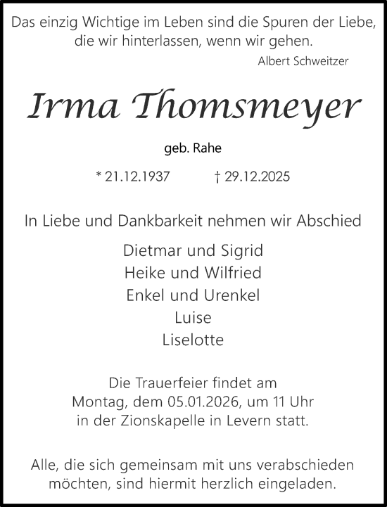 Traueranzeige von Irma Thomsmeyer von Neue Westfälische und Westfalen-Blatt