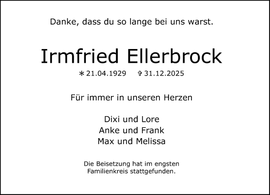 Traueranzeige von Irmfried Ellerbrock von Neue Westfälische und Westfalen-Blatt