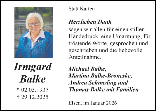 Traueranzeige von Irmgard Balke von Neue Westfälische und Westfalen-Blatt