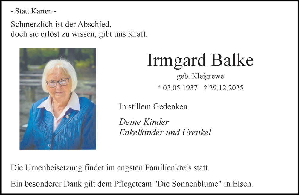 Traueranzeige für Irmgard Balke vom 03.01.2026 aus Neue Westfälische und Westfalen-Blatt