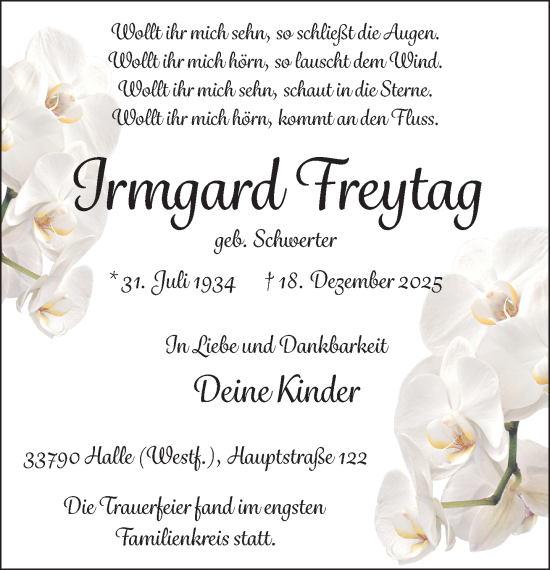 Traueranzeige von Irmgard Freytag von Neue Westfälische und Westfalen-Blatt