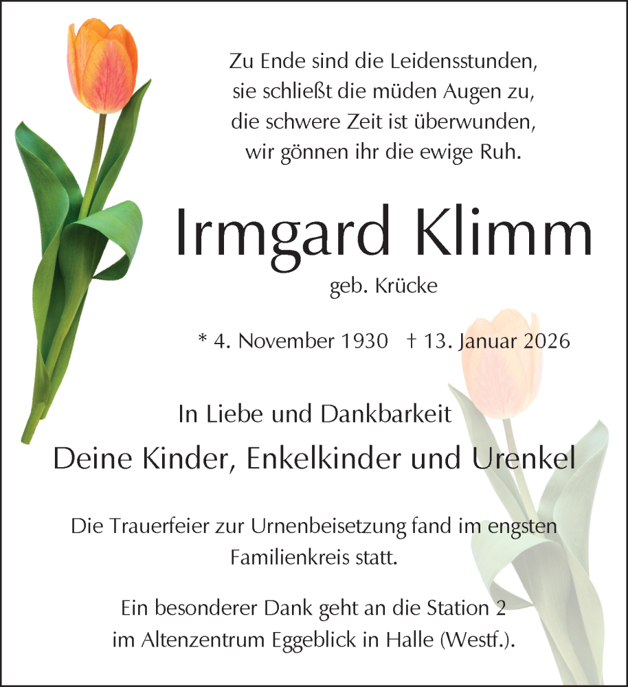  Traueranzeige für Irmgard Klimm vom 31.01.2026 aus Neue Westfälische und Westfalen-Blatt