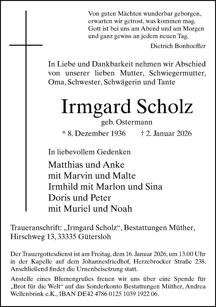  Traueranzeige für Irmgard Scholz vom 10.01.2026 aus Neue Westfälische und Westfalen-Blatt