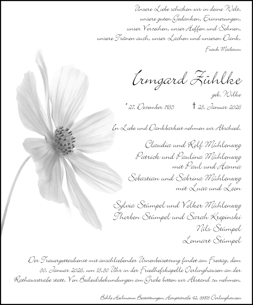  Traueranzeige für Irmgard Zühlke vom 28.01.2026 aus Neue Westfälische und Westfalen-Blatt
