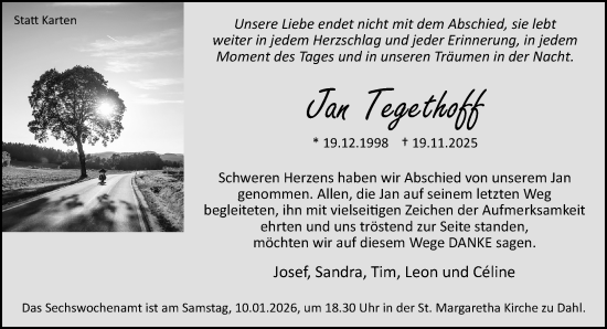 Traueranzeige von Jan Tegethoff von Neue Westfälische und Westfalen-Blatt