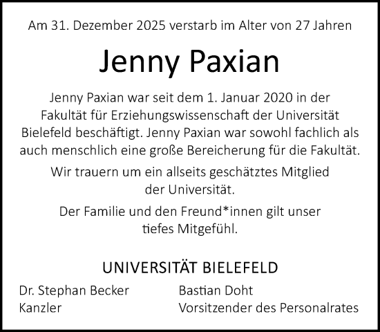 Traueranzeige von Jenny Paxian von Neue Westfälische und Westfalen-Blatt