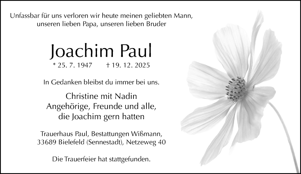  Traueranzeige für Joachim Paul vom 07.01.2026 aus Neue Westfälische und Westfalen-Blatt