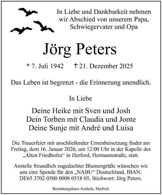 Traueranzeige von Jörg Peters von Neue Westfälische und Westfalen-Blatt