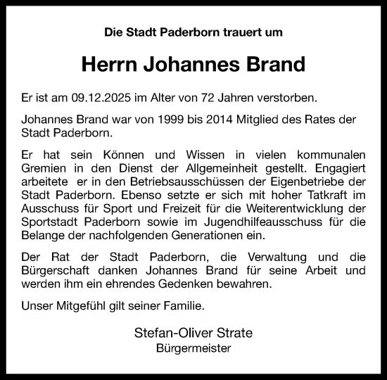 Traueranzeige von Johannes Brand von Neue Westfälische und Westfalen-Blatt