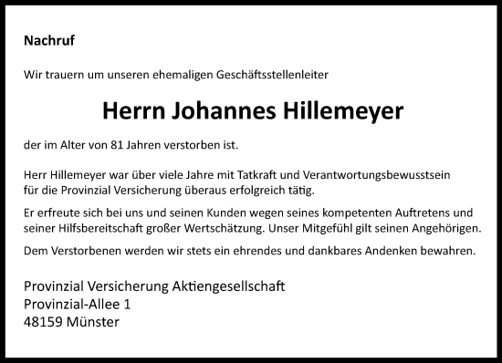 Traueranzeige von Johannes Hillemeyer von Neue Westfälische und Westfalen-Blatt