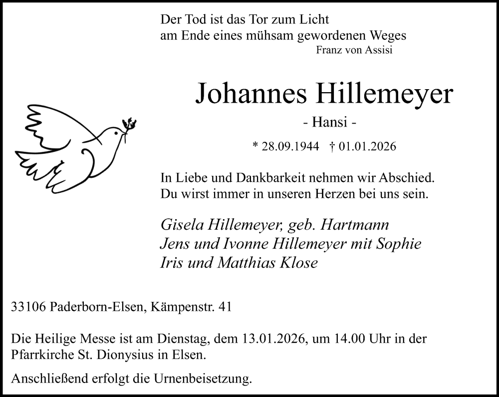  Traueranzeige für Johannes Hillemeyer vom 10.01.2026 aus Neue Westfälische und Westfalen-Blatt