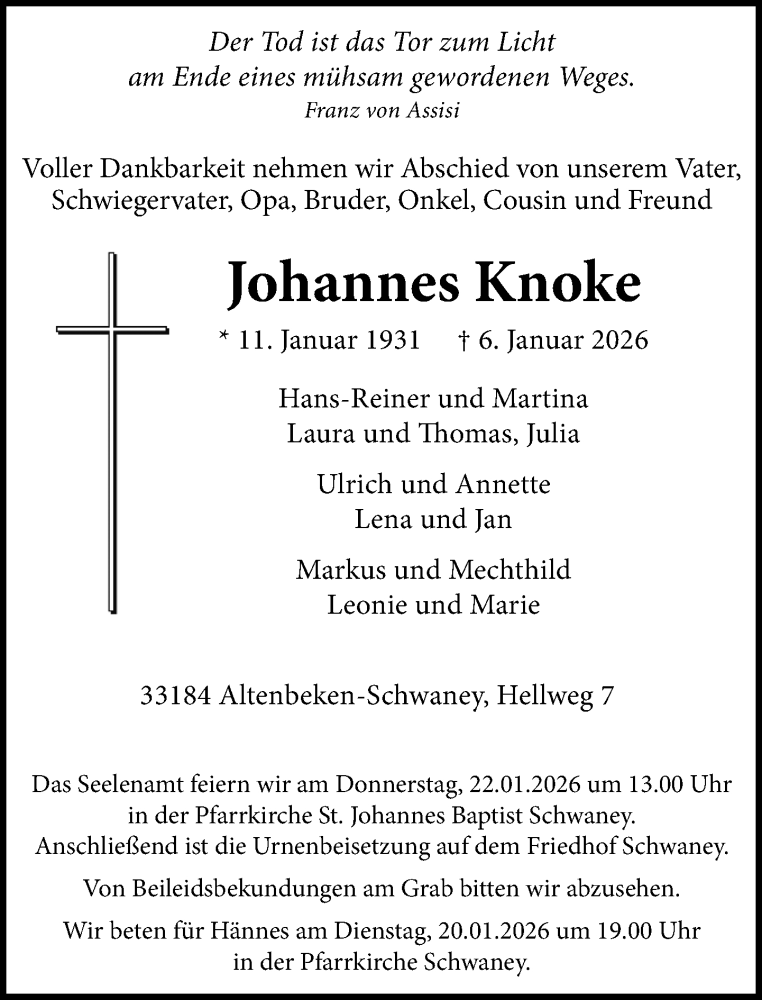  Traueranzeige für Johannes Knoke vom 17.01.2026 aus Neue Westfälische und Westfalen-Blatt