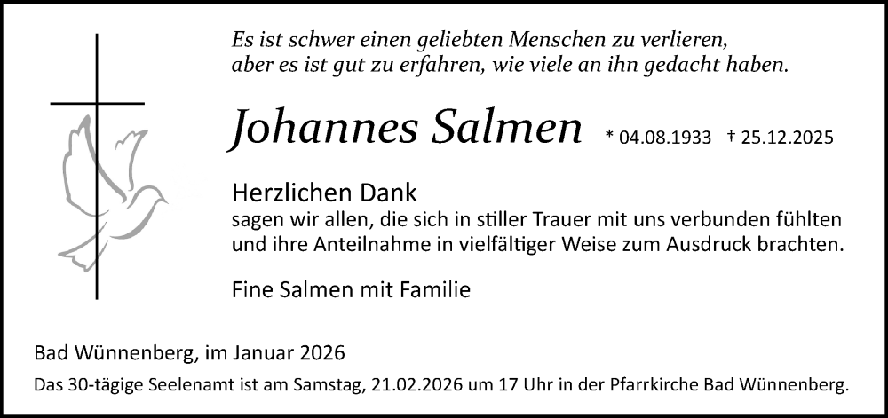  Traueranzeige für Johannes Salmen vom 31.01.2026 aus Neue Westfälische und Westfalen-Blatt
