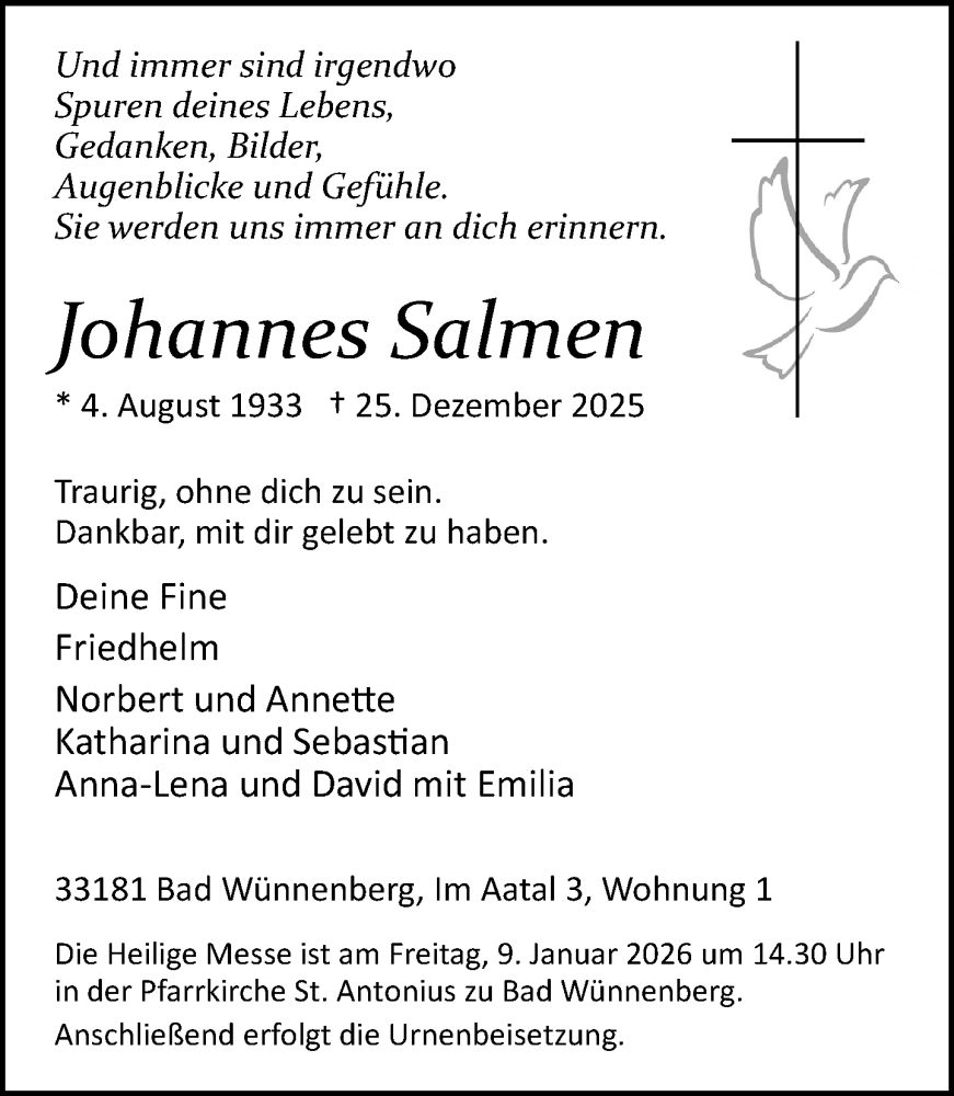  Traueranzeige für Johannes Salmen vom 03.01.2026 aus Neue Westfälische und Westfalen-Blatt