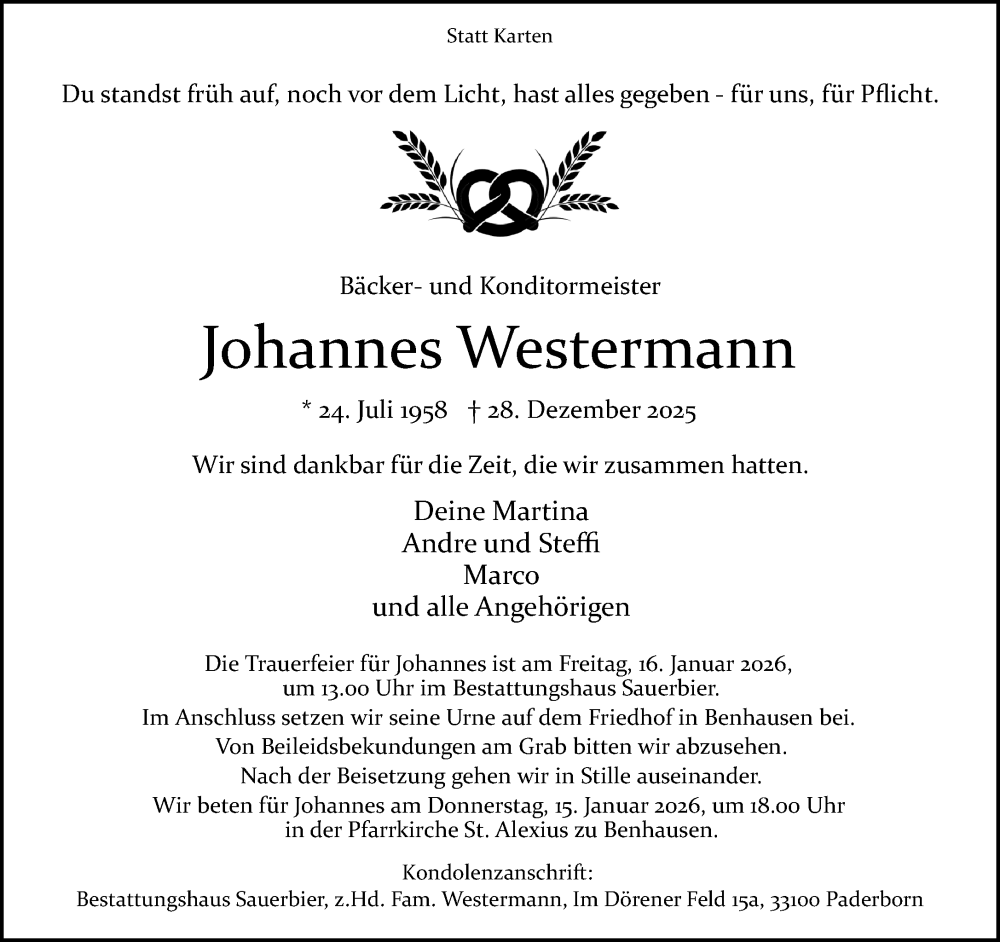  Traueranzeige für Johannes Westermann vom 10.01.2026 aus Neue Westfälische und Westfalen-Blatt