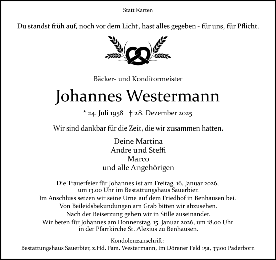 Traueranzeige von Johannes Westermann von Neue Westfälische und Westfalen-Blatt